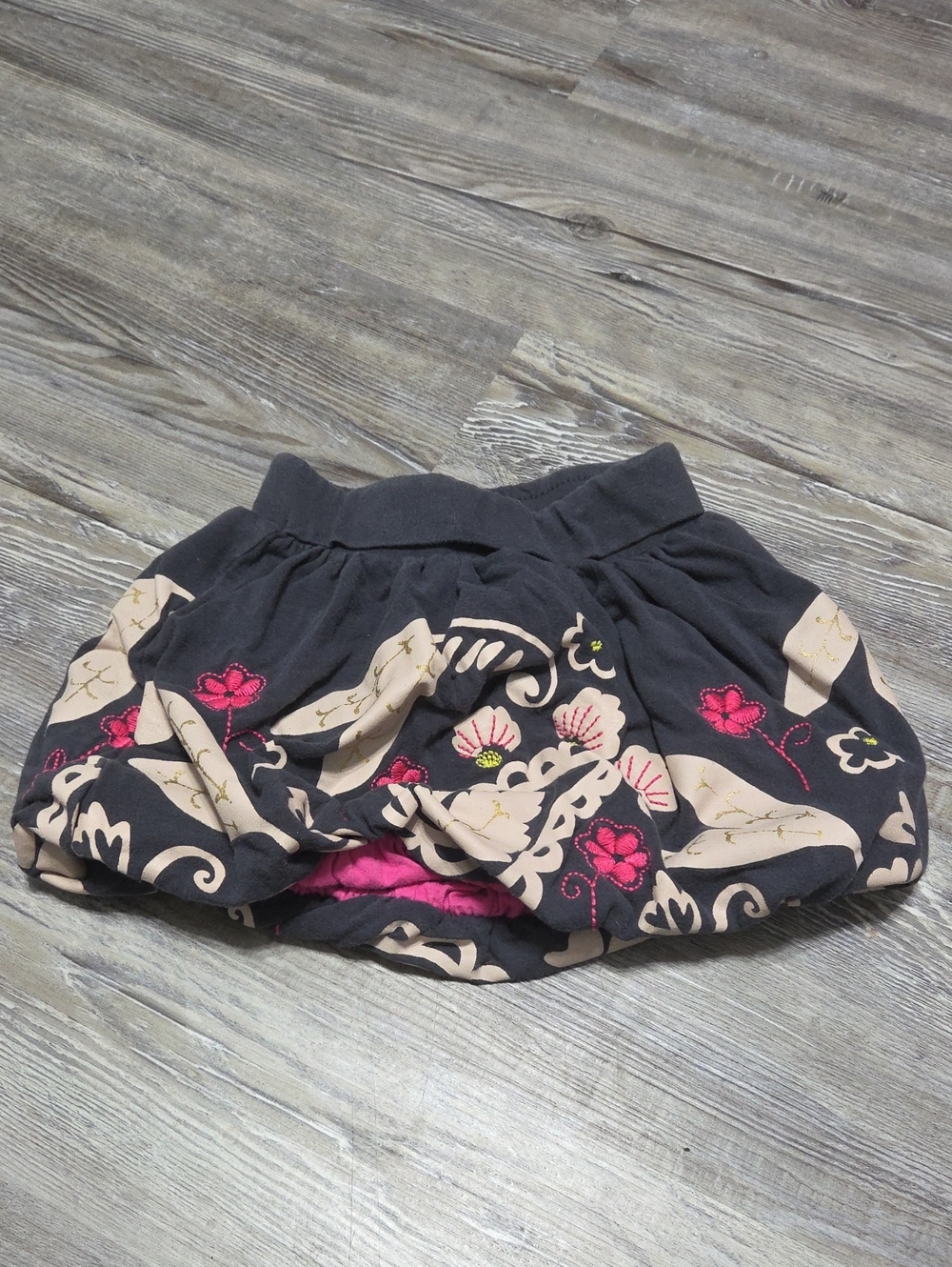 Black Floral Circle Skirt with Pink Embroidery